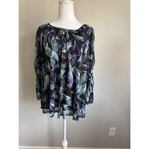 Zac & Rachel Black Teal Floral Sheer Blouse Womens 1X Career Flowy Beach